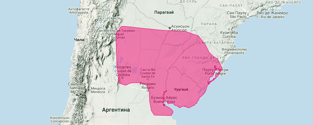 Эумопс Петерса (Eumops bonariensis) Ареал обитания на карте