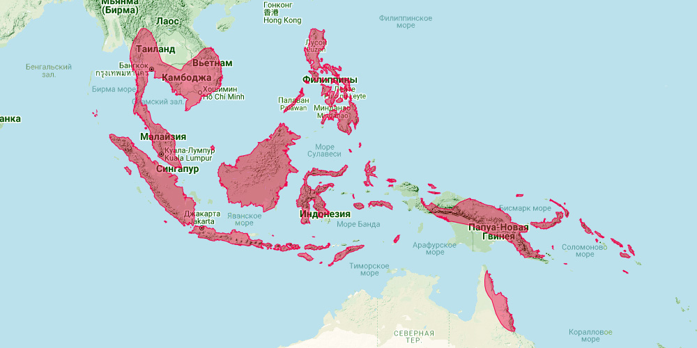 Большой листонос (Hipposideros diadema) Ареал обитания на карте