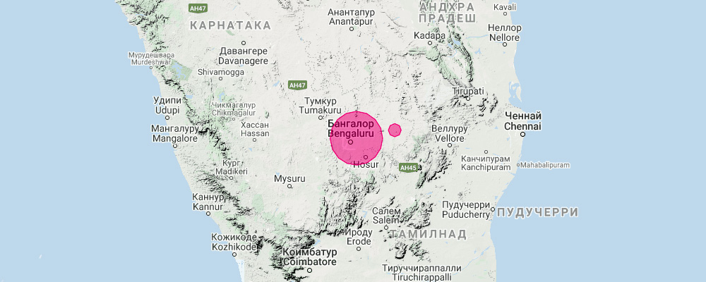 Kolar Leaf Nosed Bat (Hipposideros hypophyllus) Ареал обитания на карте