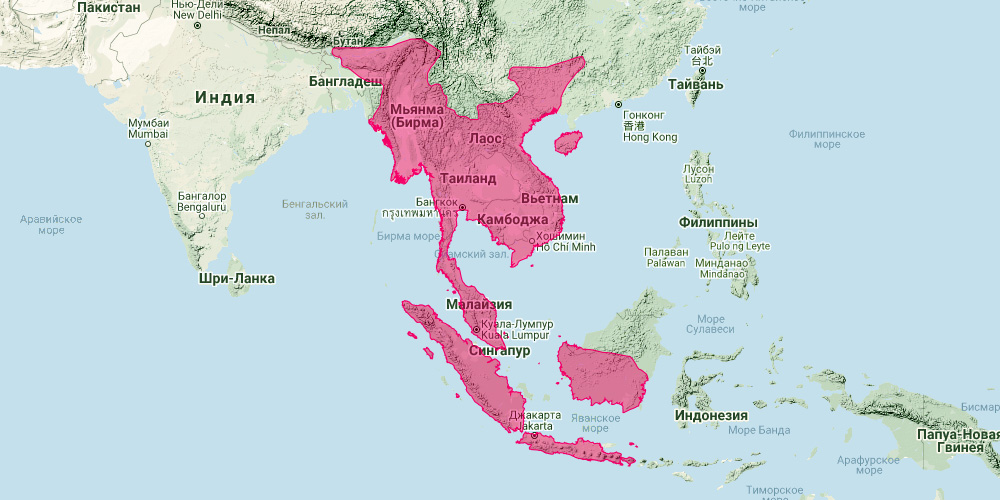Обыкновенный листонос (Hipposideros larvatus) Ареал обитания на карте