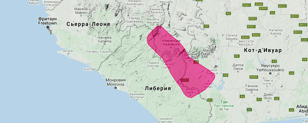 Листонос Эллена (Hipposideros marisae) Ареал обитания на карте
