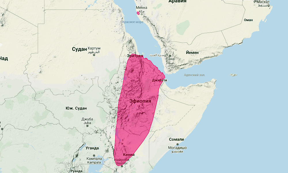 Эфиопский листонос (Hipposideros megalotis) Ареал обитания на карте