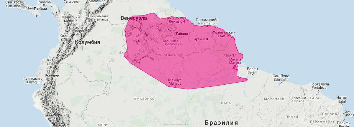 Трёхцветный опоссум (Monodelphis brevicaudata) Ареал обитания на карте