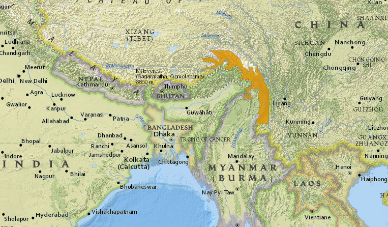 Muntiacus gongshanensis Ареал обитания на карте