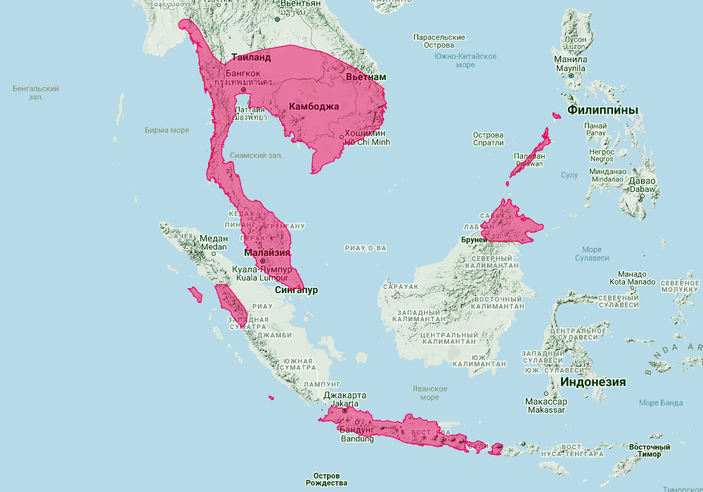 Acuminate Horseshoe Bat (Rhinolophus acuminatus) Ареал обитания на карте