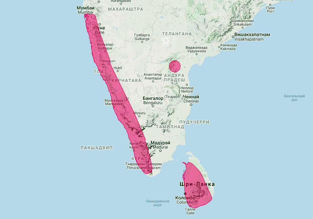 Lesser woolly horseshoe bat (Rhinolophus beddomei) Ареал обитания на карте
