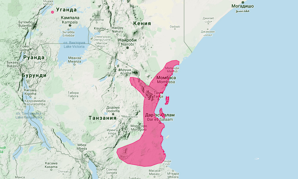 Подковонос Декена (Rhinolophus deckenii) Ареал обитания на карте