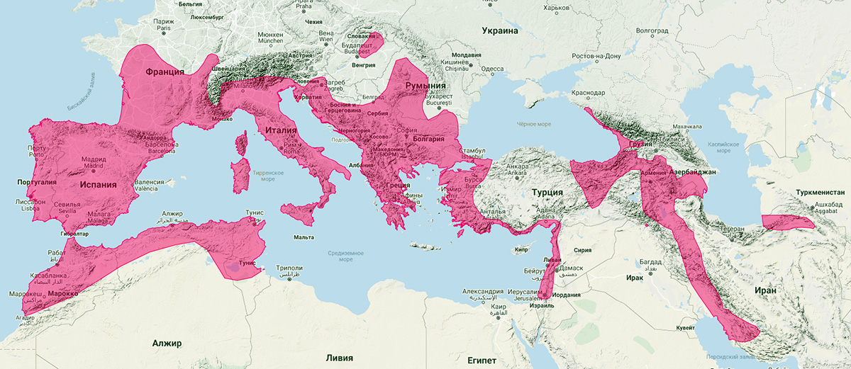 Южный подковонос (Rhinolophus euryale) Ареал обитания на карте