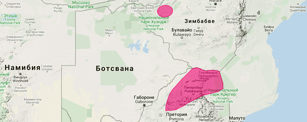 Smithers's Horseshoe Bat (Rhinolophus smithersi) Ареал обитания на карте