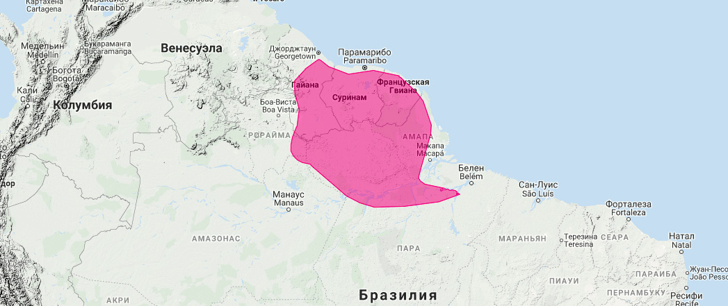Бразильский мешкокрыл (Saccopteryx gymnura) Ареал обитания на карте